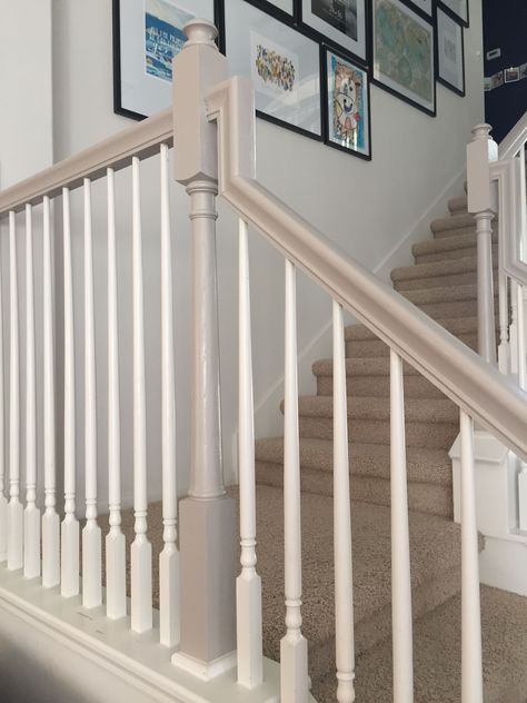 Found on Bing from www.pinterest.com Stair Handrail Paint Ideas, Stair Railing Ideas Painted, Repainting Stair Rails Banisters, Bannister Remodel, Painted Handrails For Stairs, Stair Railing Paint, Painted Railings For Stairs, Stairwell Remodel, Painted Railing