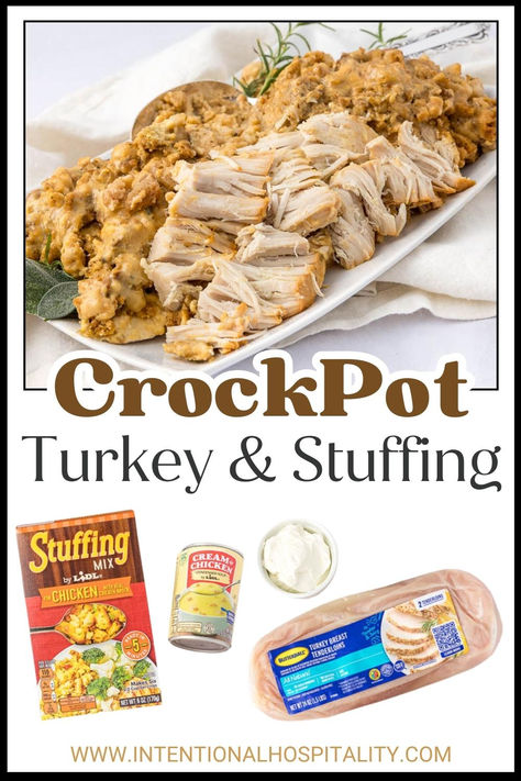 turkey and stuffing along with ingredients to make it. Turkey Tenderloin And Stuffing Crockpot, Turkey And Dressing Crockpot Recipes, Easy Turkey Breast Crockpot, Thanksgiving In The Crockpot, Turkey Stuffing Crockpot, Turkey Breast And Stuffing Crockpot, Crockpot Turkey Dinner, Turkey Tenderloins In Crockpot, Cooking Turkey Breast In Crockpot