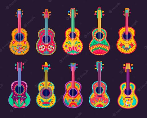 Premium Vector | Cartoon mexican guitars, vector latin music instruments of mariachi musicians with bright flower patterns, calavera skulls and mexico ethnic ornaments. cinco de mayo holiday fiesta party Cartoon Mexican, Mexican Folk Art Decor, Mixed Media Boxes, Guitar Illustration, Guitar Vector, Guitar Painting, Music Illustration, Mexican Skulls, Latin Music