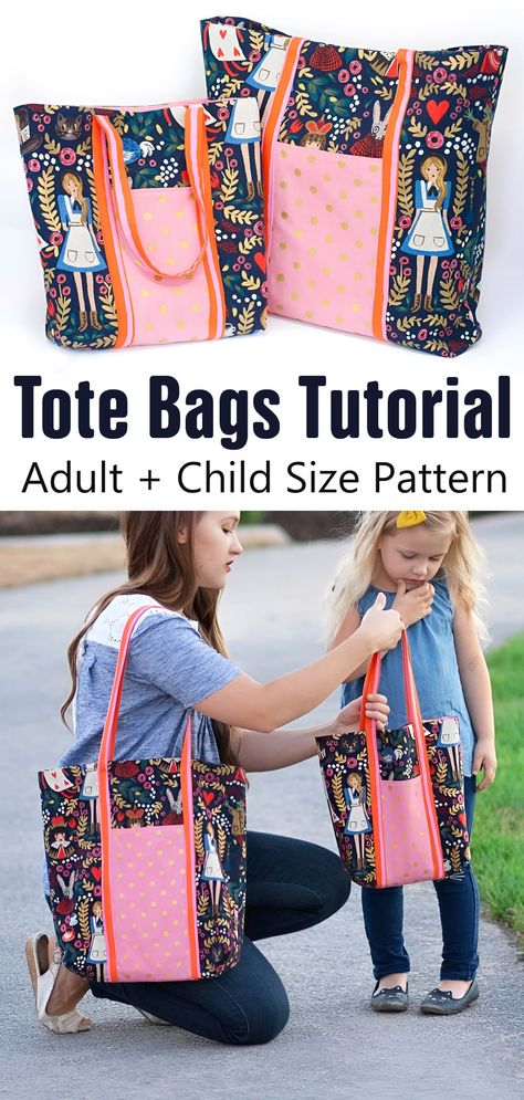 Tote Bags Tutorial - 2 Sizes Pattern Childs Purse Sewing Pattern Free, Diy Art Bag, Purse Free Pattern Sewing, Tote Sewing Pattern Free, Kids Purse Sewing Pattern, Kids Tote Bag Pattern Free, Kids Tote Bags Diy, Kids Bags To Sew, Free Tote Bag Sewing Pattern