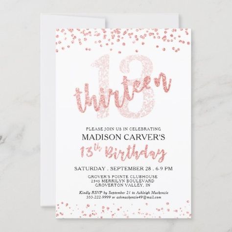 Girly 13th Birthday Rose Gold Glitter Confetti for $2.85 - Birthday Invitations 13th Birthday Party Ideas For Girls, Roller Skate Birthday Party, 13th Birthday Party, Birthday Rose Gold, 13th Birthday Invitations, Confetti Invitation, Blush Invitations, Rose Gold Ombre, Online Party Invitations