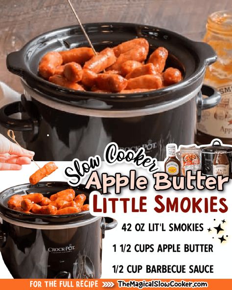 Slow Cooker Apple Butter Little Smokies are something different and delicious to serve at your next party! Apple Butter Lil Smokies, Crock Pot Weiners Lil Smokies, Crock Pot Lil Smokies Recipes, Halloween Lil Smokies, Apple Butter Little Smokies, Crock Pot Weenies Lil Smokies, Mississippi Lil Smokies, Crockpot Mini Weenies, Bbq Weenies Crockpot