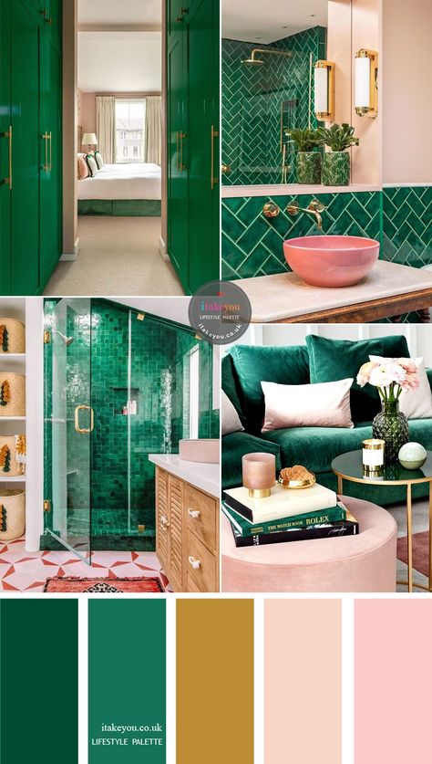 Beautiful color palette of green emerald with pink and gold accents. Nails Emerald, Palette Green, Bilik Air, House Green, Yoga Studio Design, Color Schemes Colour Palettes, House Color, Green Colour Palette, Bilik Tidur