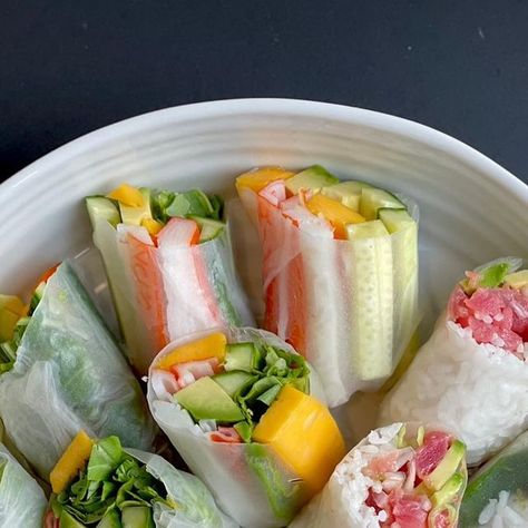 Tammy Israel | Salads & Sweets on Instagram: "Rice paper rolls have been around forever. But every time I make them, I question why I don’t make them more often.  They’re easy to make, taste so fresh and make a perfect light and delicious dinner.  I started adding sushi rice to some to make them a little more filling but really it’s the sauces that take these over the top.  I included three sauce options. Something for everyone.  Make one or try all three, they are delicious!  Also, I’ve included the fillings I use when I made these this time, but use what your family enjoys… everything goes 😍  Sushi style rice paper rolls  @saladsnsweets  Filling options:  Rice paper rounds  Kani sticks  Ahi tuna (chopped into small dice and seasoned with spicy mayo ⬇️)  Mango, cut into sticks  Cucumbers Sushi Without Rice, Rice Paper Sushi, Chicken Snack Wrap, Snack Wraps, Mango Cut, Rice Paper Recipes, Sushi Style, Healthy Sushi, Rice Wraps