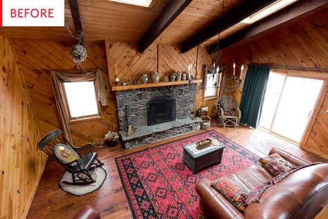 A modern makeover that still honors this home's architecture. Painted Log Cabin Interiors, Wood Cabin Interior, Painted Log Cabin, Paneling Makeover, Cedar Paneling, Paneled Walls, Cabin Renovation, Cedar Walls, Log Cabin Interior