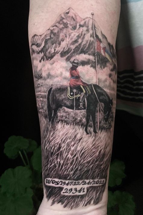 Here is some progress of a memorial tattoo that @jenskinart is working on. It appears to consist of an RCMP member on a horse in a field, with a mountain in the background. We look forward to the final result! Horse Memorial Tattoo, Field Tattoo, Mama Tried, Tattoo Nature, Horse Memorial, Memorial Tattoo, Nature Tattoos, Best Tattoo, Hidden Gem