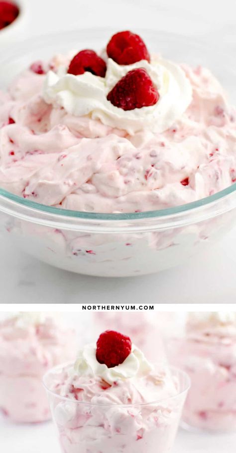 The easiest dessert salad you'll ever make! Delicious cheesecake salad loaded with raspberries + 3 serving ideas. Find the full recipe here. | Northern Yum Raspberry Cheesecake Fluff Salad, Raspberry Fluff Dessert, Raspberry Fluff Salad, Raspberry Cheesecake Fluff, Berry Fluff, Fresh Raspberry Desserts, Raspberry Fluff, Black Raspberry Recipes, Baptism Food