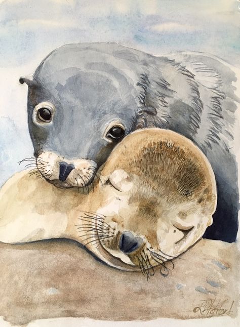 Seal Painting, Baby Sea Lion, Lion Painting, Beach Home Decor, Animals Nursery, Diy Watercolor Painting, Baby Animal Prints, Beach Home, Ocean Animals