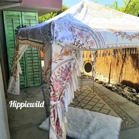 Gazebo Makeover, Outside Canopy, Vintage Camper Redo, Alley Ideas, Reading Tent, Boho Canopy, Market Tent, Festival Tent, Patchwork Decor