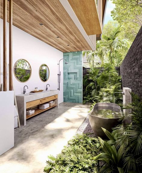 Beach Website Design Inspiration, Balinese Bathroom, Exterior Bathroom, Outdoor Bathroom Design, Open Bathroom, Tropical Bathroom, Outdoor Tub, Mexico House, Thai House