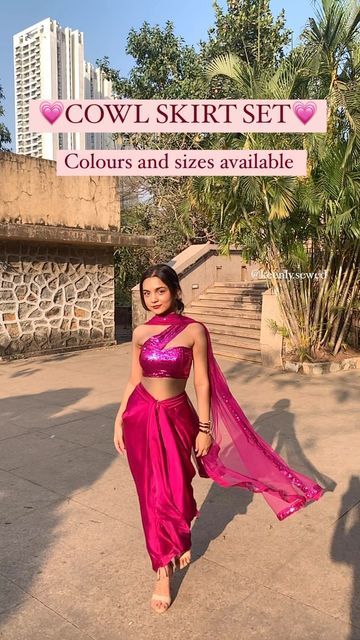 Keenly Sewed on Instagram: "💕COWL SKIRT SET💕 Colours and sizes available DM TO GET YOURS🫶🏻 #cowlskirt #keenlysewed #sequinblouse #threepieceset #cocktailoutfit #mehendioutfit #sangeetoutfit #trendyoutfits #trendyethnic #indowesternstyle #shopsmall" Cowl Skirt Outfit, Cowl Skirt, Suits For Women Indian, Outfit Indian, Mehendi Outfit, Sangeet Outfit, Model Blouse, Cocktail Outfit, Sequin Blouse