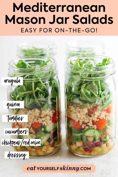 Mediterranean Mason Jar Salad, Mediterranean Jar Salad, Meal Prep Salads In A Jar, Mason Salad Jars Recipes, Mason Jar Salad Layers, Sausage Orzo Skillet, Chicken Sausage Orzo, Quinoa And Chickpeas, Shabbat Meals