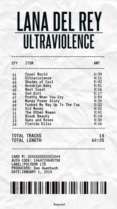 Receipt Lana Del Rey, Ultraviolence Aesthetic Wallpaper, Ultraviolence Wallpaper, Ultraviolence Poster, Pretty When I Cry, Album Receipt, Money Power Glory, Phone Case Decoration, Lana Del Rey Love