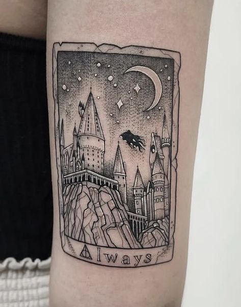 Hogwarts Express Train Tattoo, Harry Potter Collage Tattoo, Harry Potter Tattoos Hufflepuff, Harry Potter Calf Tattoo, Harry Potter Tarot Card Tattoo, Harry Potter Cover Up Tattoo, Mauraders Map Tattoos, Harry Potter Thigh Tattoo, Hermione Granger Tattoo