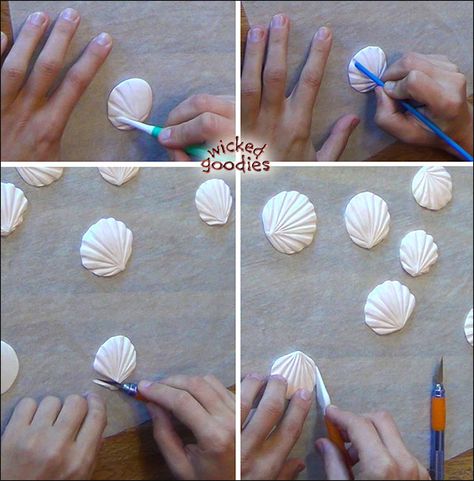 Wicked Goodies | Modeling Chocolate Sand Dollars and Scallops | https://www.wickedgoodies.net Chocolate Seashells, Kue Fondant, Cercei Din Lut Polimeric, Beach Themed Cakes, Mermaid Birthday Cakes, Beach Cakes, ดินปั้น Polymer Clay, Fondant Cake Toppers, Modeling Chocolate