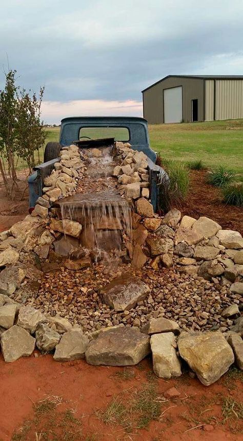 Old Truck Flower Bed Waterfall, Old Truck Waterfall Pond, Truck Fountain, Truck Waterfall, Waterfall Pond, Waterfall Ideas, Rock Fountain, Pick Up Truck, Old Pickup