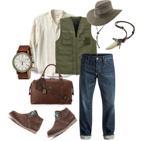 Safari - men's style by sintony on Polyvore featuring Banana Republic, DC Shoes, Propper, Woolrich, Timex, Frye, Brim, men's fashion and menswear Safari Outfit For Men, Safari Shoes, Safari Outfit Women, Safari Outfit, Safari Outfits, African Theme, Aesthetic Outfits Men, 1 Birthday, Camping Outfits