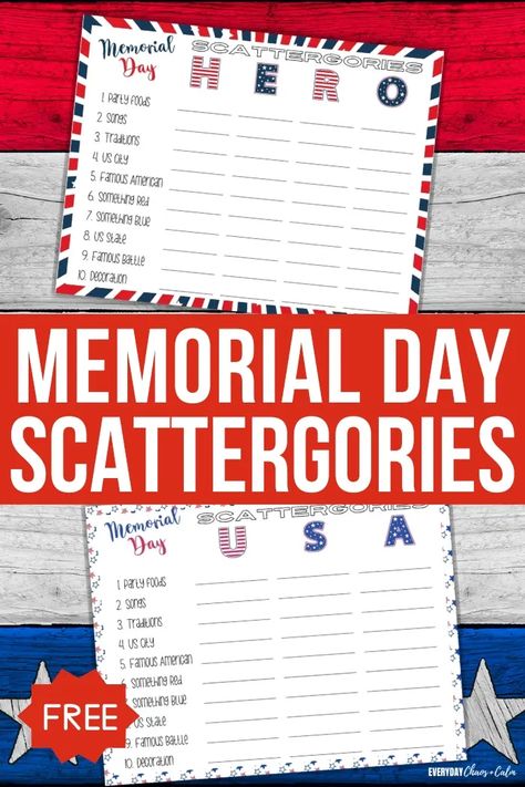 Free Printable Memorial Day Scattergories Game Memorial Day Games, Scattergories Lists, Memorial Day Activities, Scattergories Game, Veteran Quotes, Sign Up Sheets, Printable Board Games, Holiday Activities For Kids, American Quotes