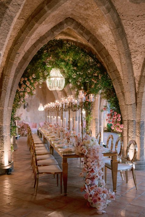 villa cimbrone's wedding dinner flowers set up in the crypt Magical Fairytale Wedding, Wedding Theme Ideas Fairytale, Wedding Flowers Luxury, Wedding Reception Long Table Decorations, Wedding Decor Italy, Book Of Life Wedding Theme, Flower Wedding Venues, European Wedding Color Palette, Wedding Venue Set Up