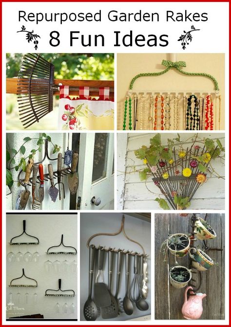 What do you do with a rake that you can’t use anymore?   Here are a few practical  & decorative ways to repurpose old rakes. DIY projects, upcycle projects Rake Decor, Decorating Garden, Old Garden Tools, Rake Head, Garden Rake, Decoration Pieces, Magic Garden, Repurposed Items, Upcycle Projects