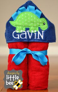 Hooded Towel Tutorial – Designs by Little Bee Dinosaur Hooded Towel, Hooded Towel Tutorial, Sewing Pattern Storage, Dinosaur Applique, Bean Stitch, Patch Shirt, Applique Monogram, Hooded Towels, Towel Embroidery