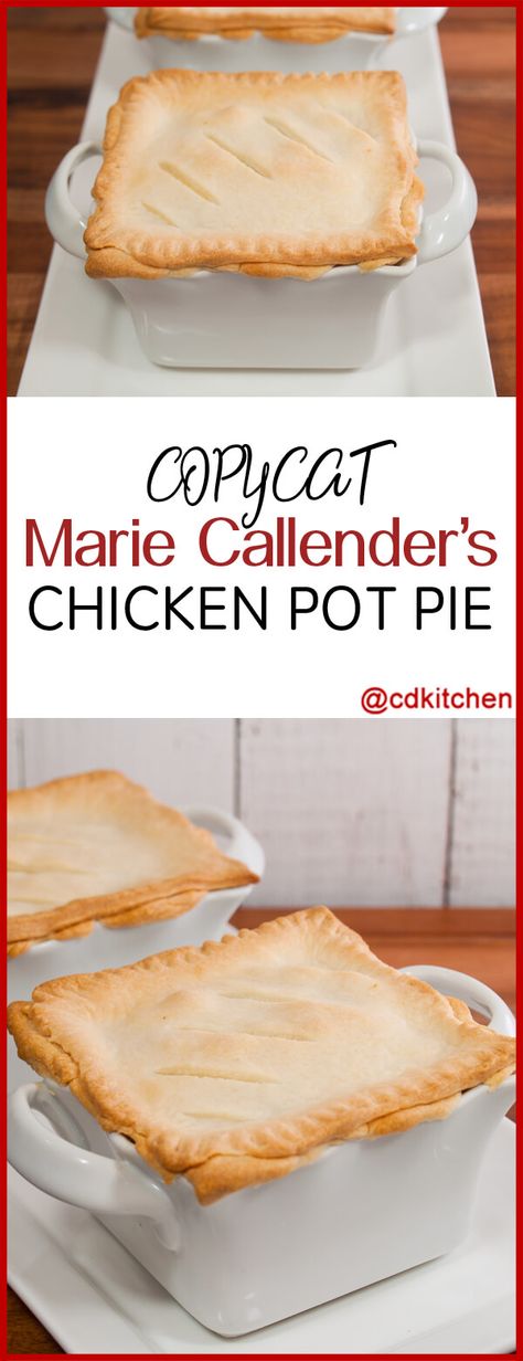 Copycat Marie Callender's Chicken Pot Pie - This copycat pot pie recipe is made with chicken, carrots, celery, onion, and peas in a thickened cream sauce that is baked in a homemade pie crust. Delicious!. Made with , water, chicken breasts, carrots, celery, onion, chicken bouillon granules, black pepper, butter, cornstarch, flour, heavy whipping cream, frozen peas, salt, shortening | CDKitchen.com Copycat Marie Callender Chicken Pot Pie, Marie Callendars Chicken Pot Pie Recipe, Marie Callender's Chicken Pot Pie Recipe, Thickened Cream, Chicken Carrots, Chicken Pot Pies, Homemade Pies, Homemade Chicken Pot Pie, Homemade Pie Crust