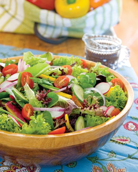 Summer Garden Salad with Balsamic - Southern Lady Overstuffed Potatoes, Garden Salad Recipes, Balsamic Salad Recipes, Summer Garden Salad, Salad With Balsamic Vinegar, Garden Salad Recipe, Ikea Yellow, Balsamic Dressing Recipe, Salad With Balsamic Vinaigrette