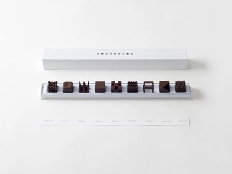 Chocolates Whose Intricate Architecture Is Designed to Tweak Taste Buds | WIRED Nivea Lotion, Chocolate Texture, Nendo Design, Chocolate Shapes, Geometric Box, Chocolate Sticks, Design Japonais, Geometric Sculpture, Types Of Chocolate