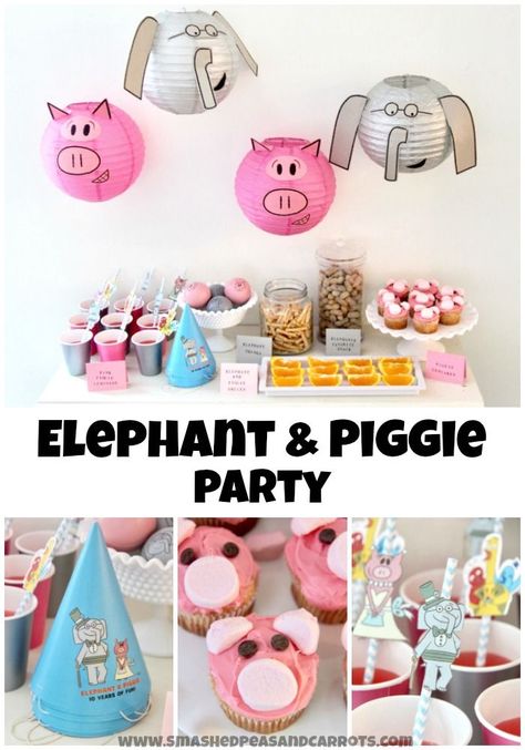 Elephant and Piggie Party Piggy And Elephant Birthday Party, Elephant And Piggie Cake, Piggie And Elephant Party, Elephant And Piggie Party, Elephant And Piggie, Elephant Party Theme, Piggie And Elephant, Elephant Party, Elephant Cakes