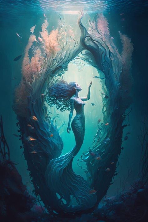 Dark Fantasy Mermaid, Underwater World Fantasy Mermaids, Mythological Creatures Art, Water Fantasy Art, Mermaid Landscape, Mermaids Fantasy Art, Underwater World Art, Beautiful Mermaid Art, Mermaid Fantasy Art