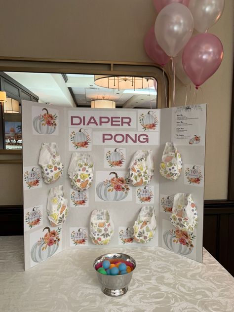 Anime Babyshowers, Huggies And Chuggies Party Games, Fall Diaper Party, Fall Gender Reveal Games, White Pumpkin Baby Shower Ideas, Diaper Pong Board, Diaper Pong Baby Shower Game, Budget Baby Shower Ideas, Pumpkin Themed Baby Shower Ideas