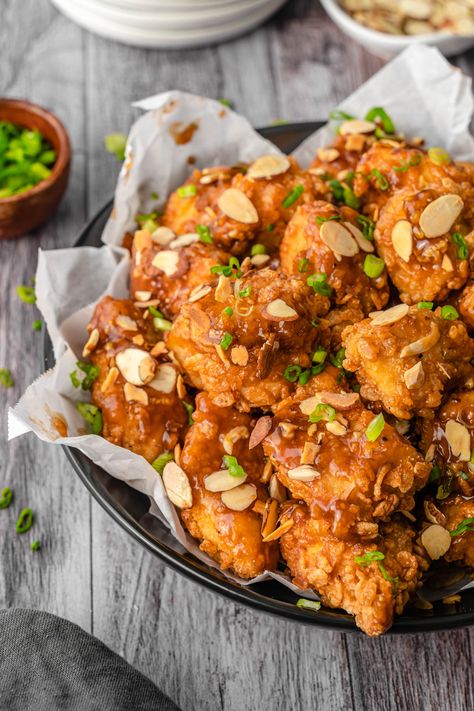 Almond Fried Chicken, Umami Sauce, Panda Express Copycat, Puffed Rice Cereal, Almond Chicken, Food Pic, Puffed Rice, Panda Express, American Dishes