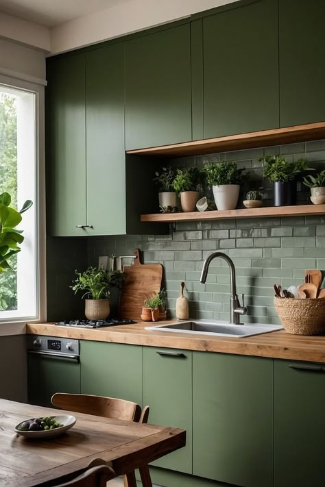 Green Color Home Decor, Green Wall Kitchen Ideas, Light Green Backsplash, Sage Green And Black Kitchen, Green Grey Kitchen, Grey Green Kitchen, Kitchen Design Island, Green And Wood Kitchen, Soft Green Kitchen