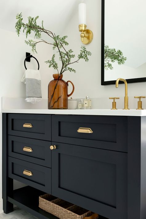 Bathroom Dark Blue Cabinets, Dark Bathroom Sink Cabinet, Painted Sink Vanity, Vanity Top Storage Ideas, Bathroom Dark Blue Vanity, Bathroom Hardware Black, Midnight Blue Bathroom Vanity, Dark Blue Vanity Bathroom Ideas, Dark Painted Bathroom Cabinets