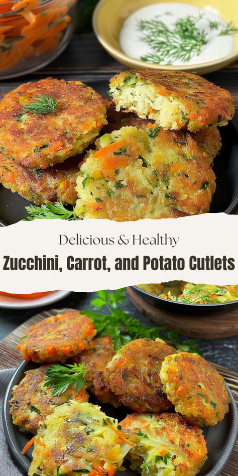 Zucchini, Carrot, and Potato Cutlets  Ingredients:  Zucchini- 500g Carrot - 200 g Potatoes - 300 g Green garlic Garlic - 2-3 cloves Grated cheese - 100  #Healthy&Delicious #ZucchiniCarrotPotatoCutlets Zucchini Mashed Potatoes, Zucchini Potato Carrot Recipes, Zucchini Carrot Potato Patties, Healthy Vegetable Recipes Dinners, Green Zucchini Recipes, Zucchini And Carrot Recipes, Potato And Carrot Recipes, Potato Zucchini Recipes, Zucchini Carrot Fritters