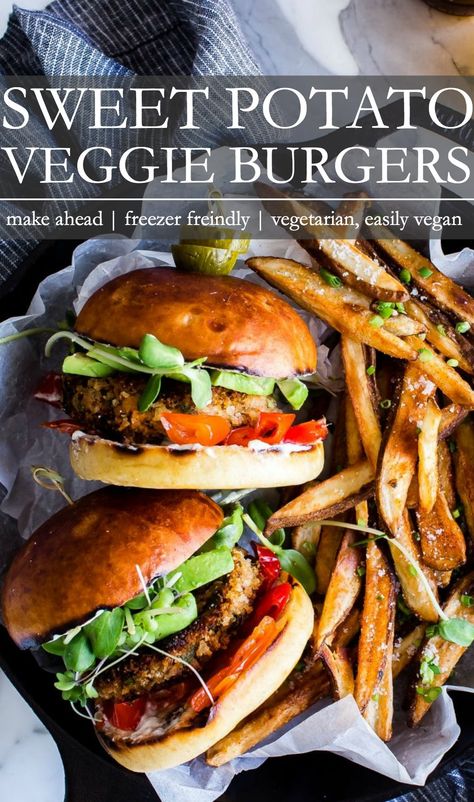 Veggie Burger Sweet Potato, Sweet Potato Burger Patties, Vegetarian Burgers Recipe, Sweet Potato Burger Recipe, Vegan Patties Recipe Veggie Burgers, Vegetarian Burger Recipes, Sweet Potato Freezer Meal, Plant Based Sweet Potato Recipes, Meal Prep Sweet Potatoes