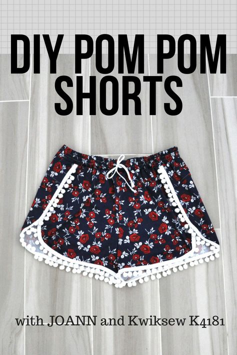 4th of July Pom Pom shorts with JOANN and Kwik Sew K4181 | Kara Metta Pom Pom Shorts, Wrap Shorts, Diy Shorts, Diy Pom Pom, Kwik Sew, Stylish Summer Outfits, Pom Pom Trim, Clothes Crafts, Cheer Skirts