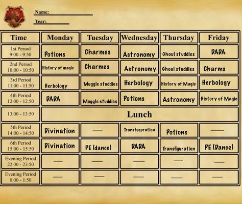 Gryffindor Timetable, Hogwarts Timetable Fifth Year, Hogwarts Timetable, Shifting Ideas, Class Timetable, Harry Potter Classroom, Harry Potter Printables, Hogwarts Dr, Harry Potter Drawings