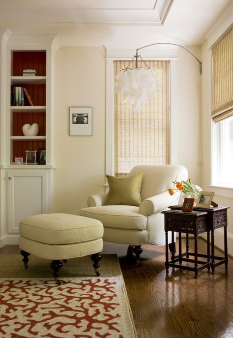 Comfy Sitting Area in Bedroom Barely Beige Benjamin Moore, Gentle Cream Benjamin Moore, Cream Benjamin Moore, Sitting Corner, Barely Beige, Beige Wall Colors, Interior Paint Colors For Living Room, Modern Country Living, Flooded House