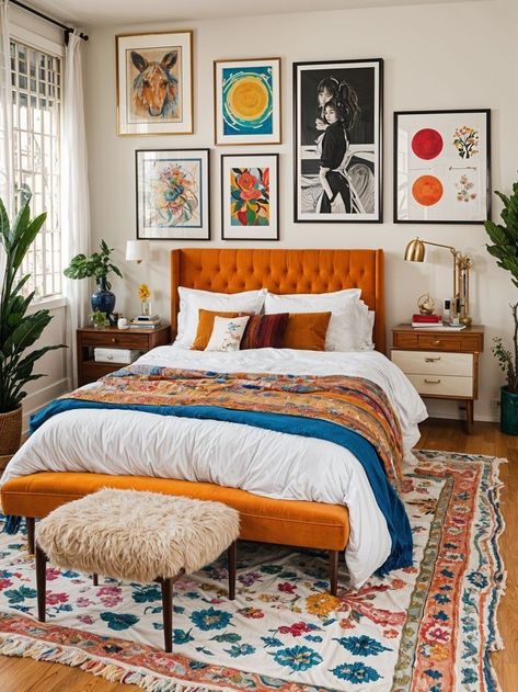 Large Apartment Wall Decor, Multicolor Bedroom Ideas, Colourful Mid Century Modern Bedroom, Unique Bed Headboards, Retro Master Bedrooms Decor, Bright Master Bedrooms Decor, Mexican Interior Design Bedroom, Colorful Midcentury Modern Bedroom, Small Eclectic Bedroom