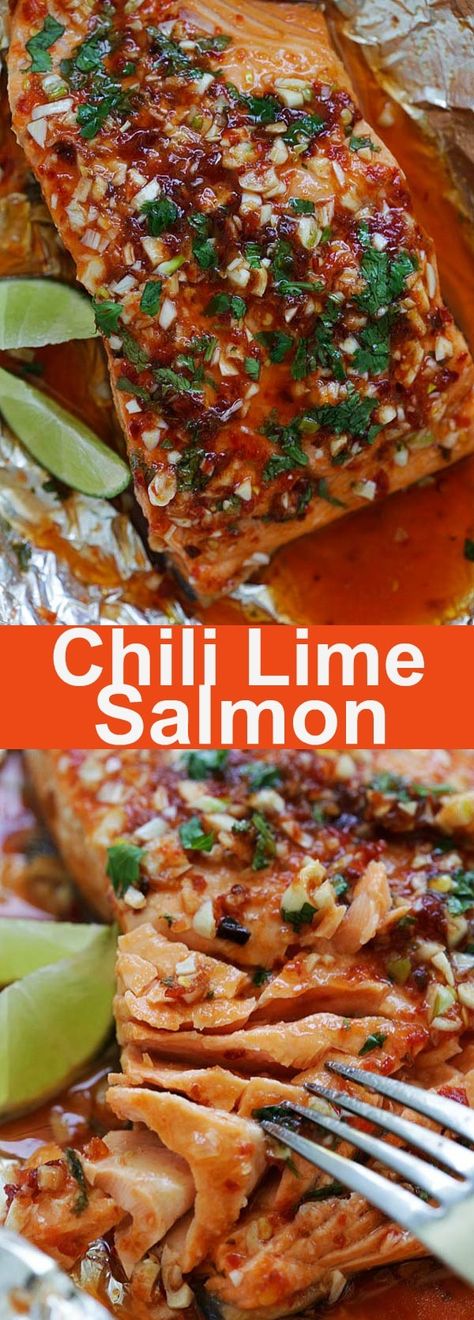 Garlic Butter Salmon In Foil, Lemon Garlic Butter Salmon, Swimming Friends, Chili Lime Salmon, Garlic Butter Salmon, Lime Salmon, Rasa Malaysia, Baked Salmon Recipes, Salmon Dishes