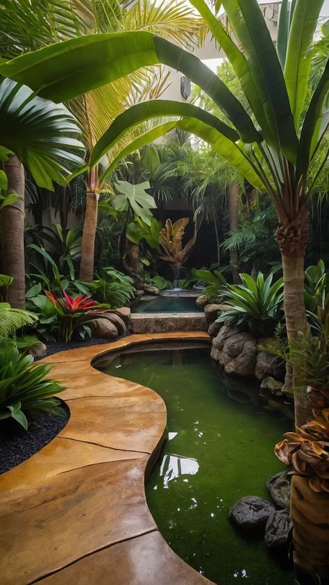 Your Guide to Paradise: 13 Tropical Landscape Design Ideas You’ll Love - Cheerful Talks Tropical Landscape Ideas, Front Yard Entrance, Table Landscape, Traditional Landscaping, Yard Entrance, Full Sun Garden, Covered Backyard, Balinese Garden, Tropical Landscape Design