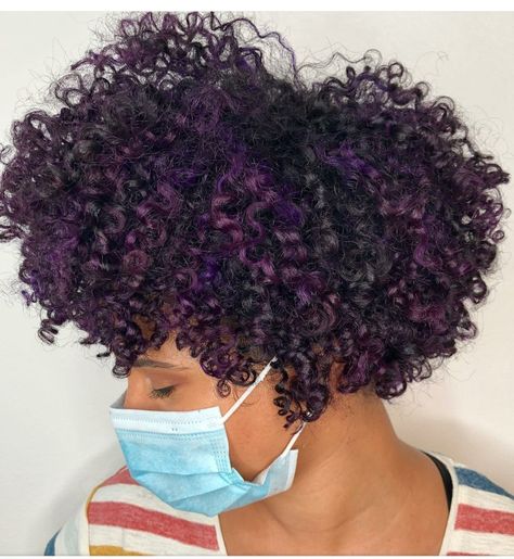 Purple Ombre Hair Black Women, Purple Tapered Natural Hair, Purple Highlights In Curly Hair, Purple Curly Hair Men, Purple Highlights Natural Hair, Curly Violet Hair, Purple Highlights Black Hair Curly Hair, Deep Purple Curly Hair, Curly Hair With Purple Highlights