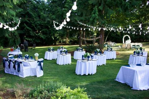 Setup for outdoor wedding, small ceremony. Navy blue and white Backyard Tent Wedding, Backyard Wedding Ideas, Wedding Ideas On A Budget, Backyard Tent, Yard Wedding, Outdoor Weddings, Tent Wedding, Wedding Things, Backyard Wedding