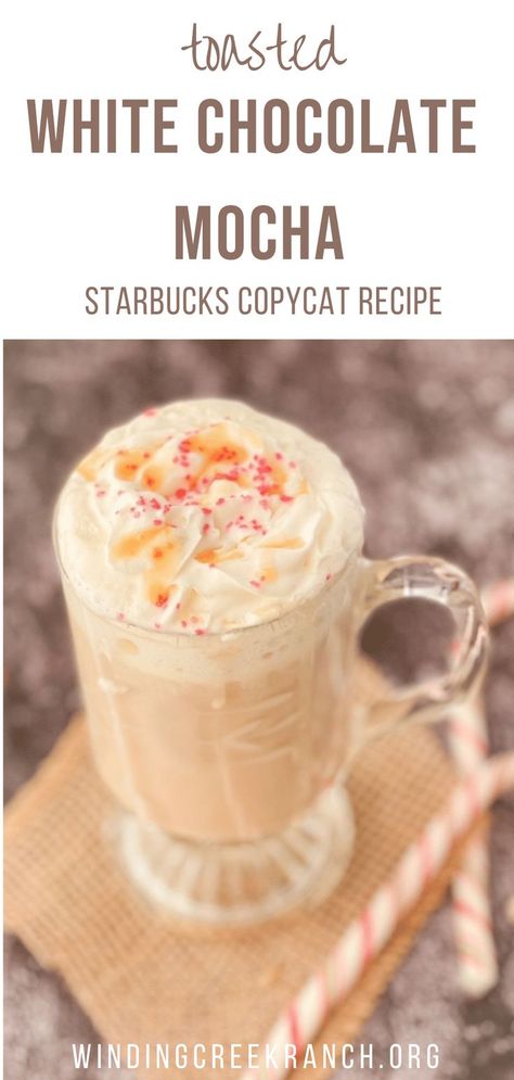 Pin for Starbucks copycat toasted white chocolate mocha in a glass with red sugar sprinkles, caramel drizzle, and two candy canes beside it. Toasted White Chocolate Mocha Starbucks, Starbucks White Mocha Recipe, White Chocolate Mocha At Home, White Chocolate Mocha Starbucks, Chocolate Latte Recipe, Starbucks Drink At Home, White Chocolate Cappuccino, Fun Coffee Recipes, Mocha At Home