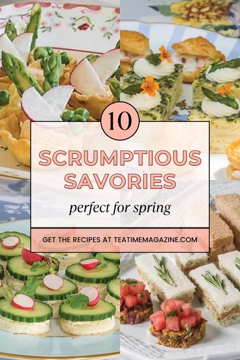 Whether you prefer tea sandwiches, canapés, or even quiches, this collection of delectable savories from the pages of TeaTime magazine is sure to delight at your next springtime tea gathering. Find "10 Scrumptious Springtime Savories" by visiting https://teatimemagazine.com/10-scrumptious-springtime-savories/. Tea Savory Recipes, Tea Savories, Savory Tea Sandwiches, Savoury Tea Time Treats, Southern Living Cucumber Tea Sandwiches, Cumcuber Tea Sandwiches, Tea Time Magazine, British Tea Party, British Tea