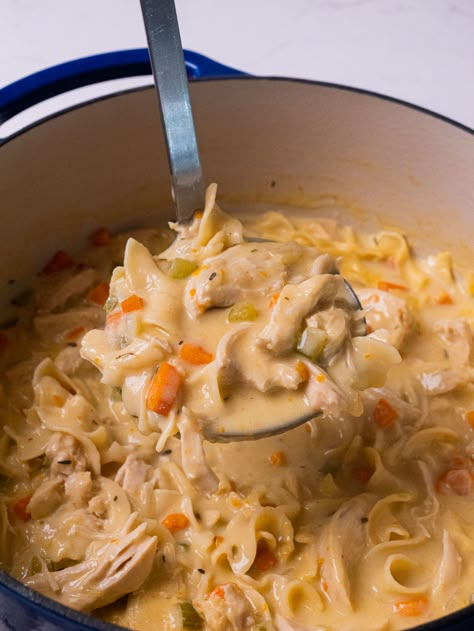 Creamy Chicken Noodle Soup | 12 Tomatoes Make Ahead Chicken Noodle Soup, Chicken Noodle Soup Over Mashed Potatoes, Homestyle Chicken Noodle Soup, Creamy Crockpot Chicken, Creamy Chicken Noodle, Chicken Noodle Soup Crock Pot, Southern Chicken, Creamy Chicken Noodle Soup, 12 Tomatoes Recipes