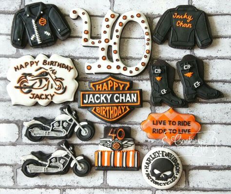 Motorcycle Cookies Decorated, Harley Davidson Cookies, Harley Cookies, 40th Cookies, Birthday Cake For Dad Father, Motorcycle Cookies, Pastel Moto, Cake For Dad, Harley Davidson Cake