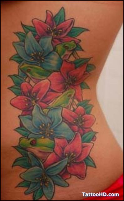 Hibiscus & Frogs Women Rib Tattoos, Ribs Tattoo For Women, Colorful Tattoos For Women, For Women Tattoo Design, Women Tattoo Design, Ribs Tattoo, Tattoo Ribs, Flower Tattoo On Ribs, Rib Tattoos For Women