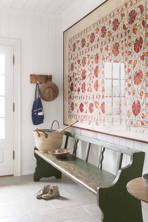 Cottage Nantucket style mushroom styled with a vintage green bench and framed suzani blanket art surrounding shiplap walls and ceiling. Nantucket Beach House, Nantucket House, Limestone Tile, Beach House Interior, Wooden Bench, Style At Home, Beach House Decor, Architectural Digest, Home Staging